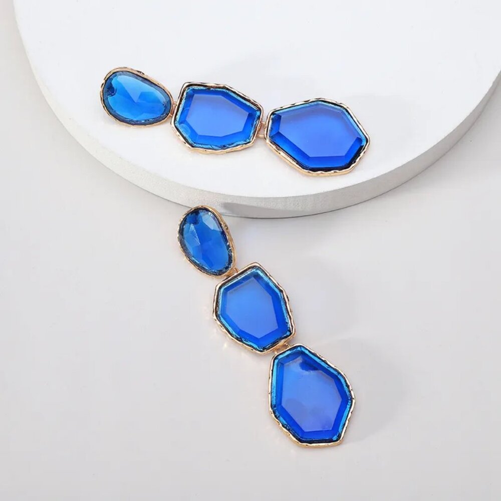 NEW Chandler Cobalt Blue and Gold Irregular Gem Drop Statement Earrings - Picture 2 of 2